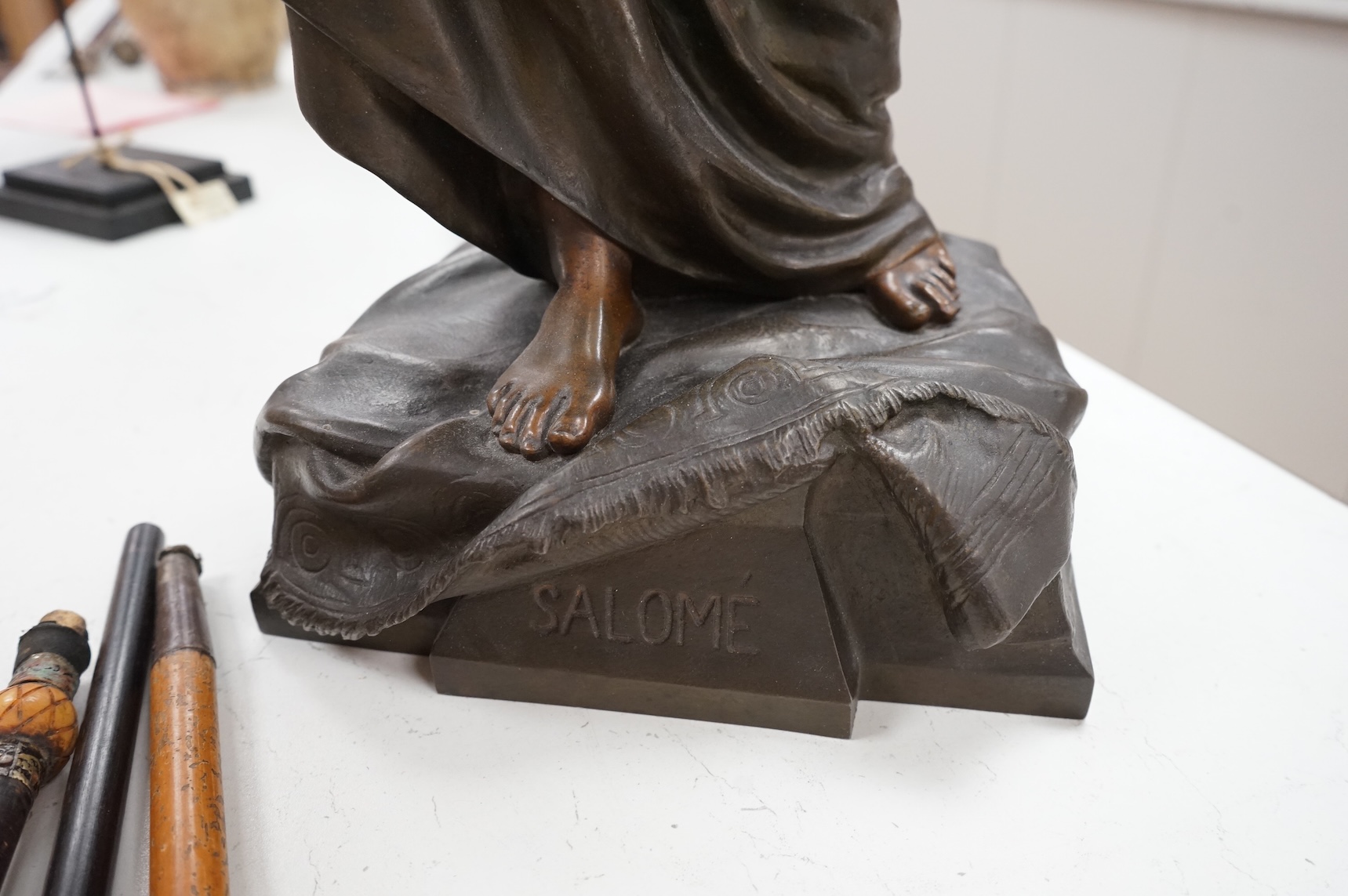 A large French patinated spelter figure of Salome, late 19th century, 75cm high